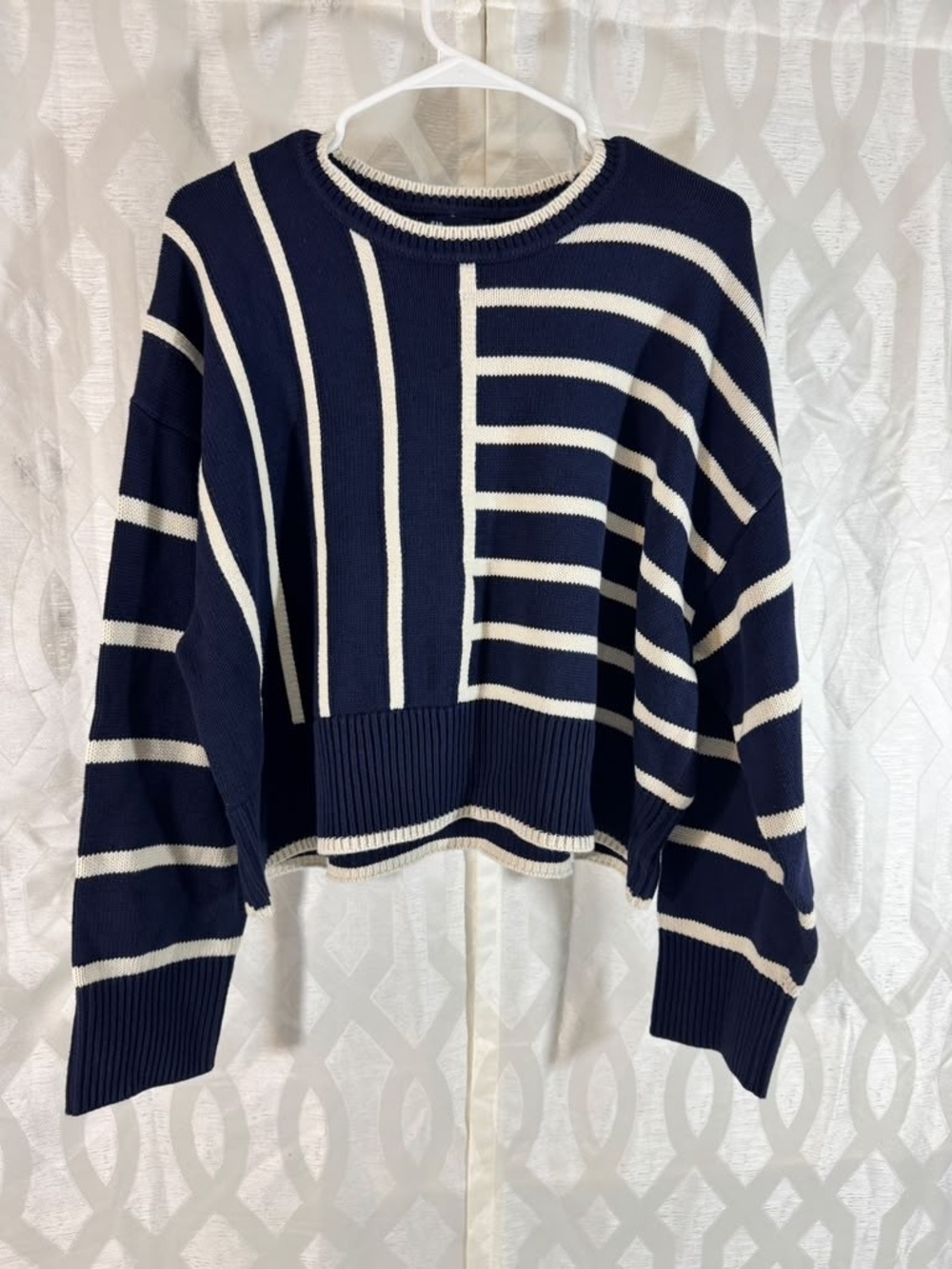 GAP Navy and Cream Striped Cropped Crewneck Sweater